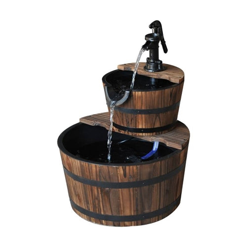 Outdoor 2-Tier Solid Wood Whisky Barrel Waterfall Fountain with Electric Pump image 1