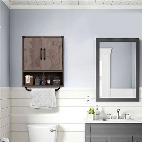 Farmhouse Bathroom Wall Cabinet with Towel Bar in 3 Colors Brown Wood Finish image 1