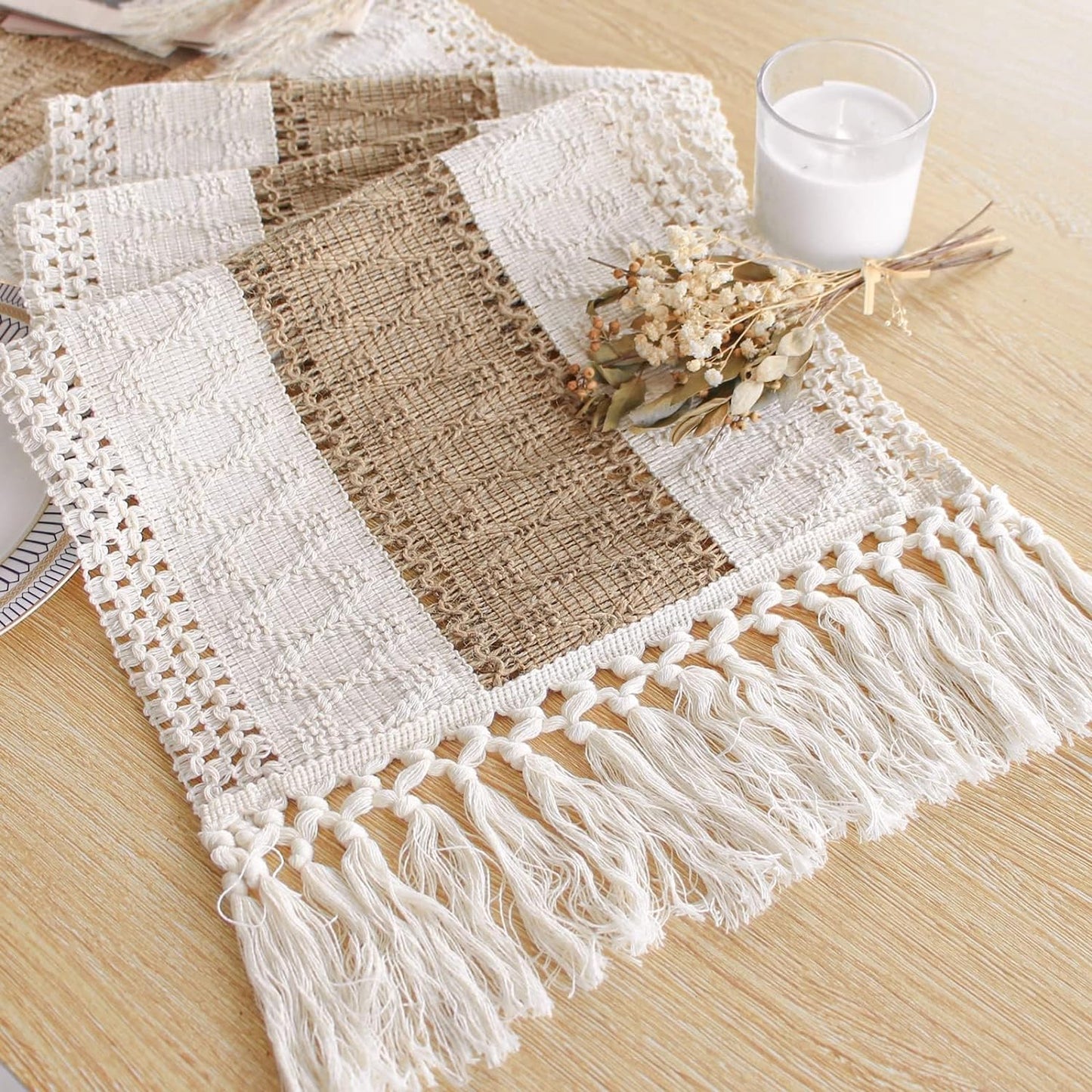 Table Runner for Summer Home Decor with Tassels Long Farmhouse Rustic Table Runn image 10