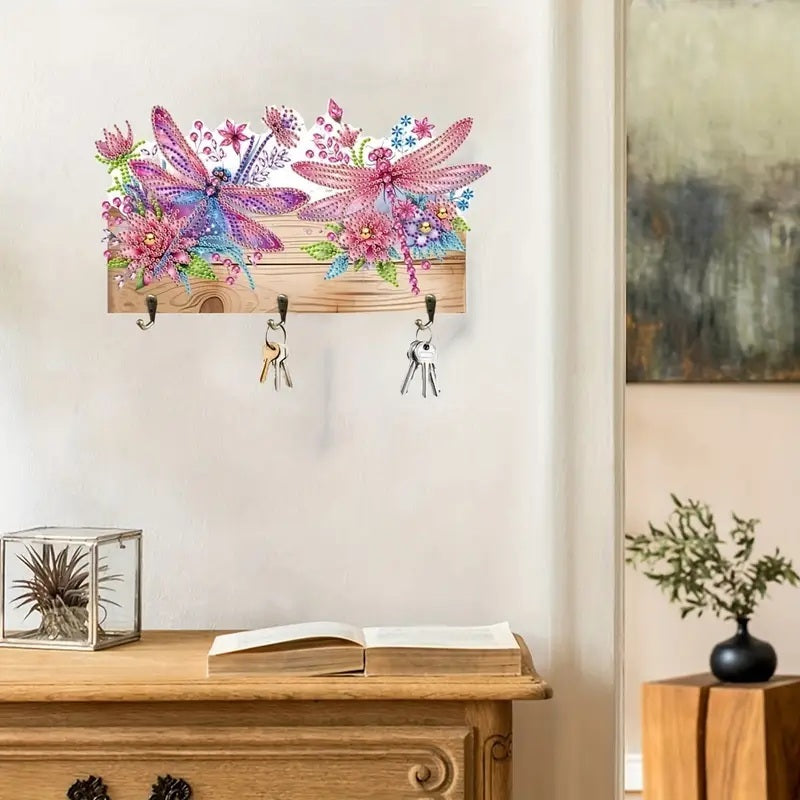 Vibrant Dragonfly Design Key Holder, Acrylic Round Diamonds, Colorful Wall Art image 0