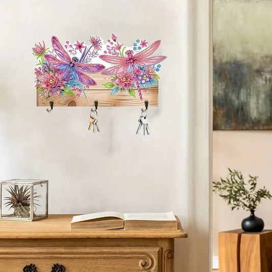 Vibrant Dragonfly Design Key Holder, Acrylic Round Diamonds, Colorful Wall Art image 0