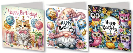 3 Greeting Cards Owls Cats Happy Birthday Greeting Jewel Art COMPLETE image 0
