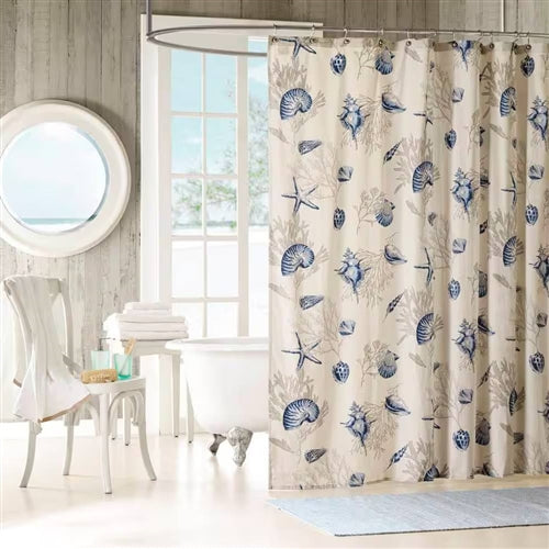 72-in Khaki Beige Cotton Shower Curtain Navy Blue Seashells Coral Coastal Beach image 0