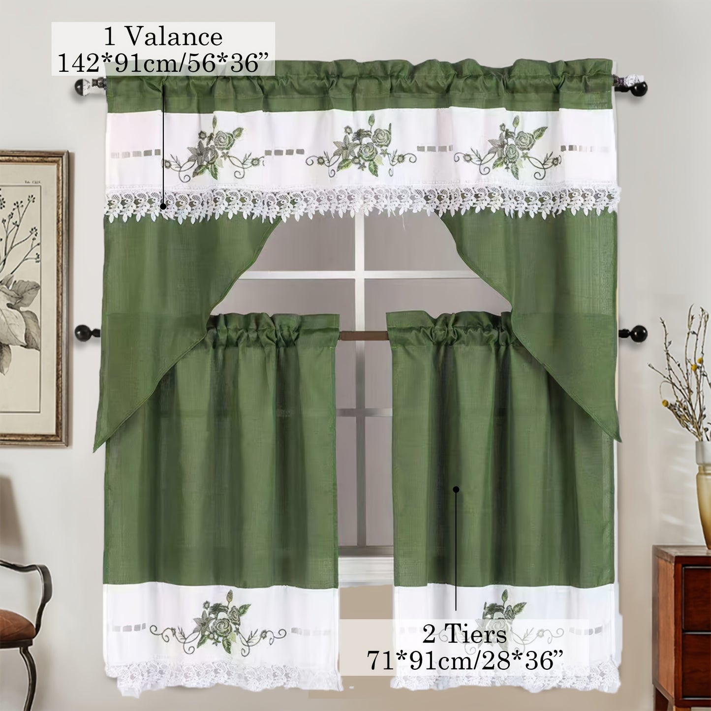 3pcs Bamboo Texture Embroidery Kitchen Curtains Set ROSES Pattern Translucency L image 6