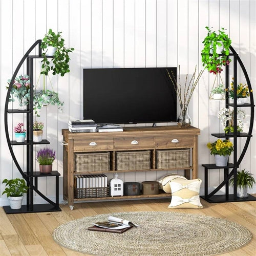 Set of 2 - Symmetrical Modern Black Metal Wood 10-Shelf Plant Stand image 3