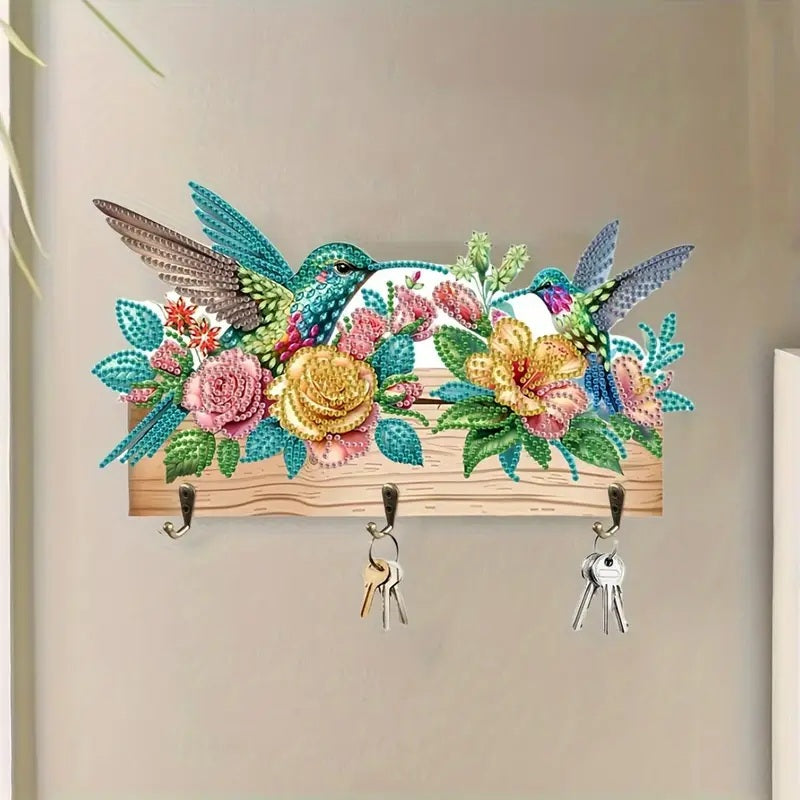 Vibrant Hummingbird Design Key Holder, Wood Round Diamonds, Colorful Wall Art image 2