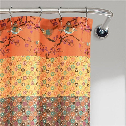 72-inch Orange Teal Floral Damask Boho Birds Polyester Shower Curtain image 2