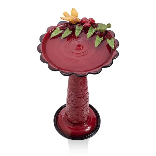 Red Metal Outdoor Garden Patio Birdbath with Decorative Bird Leaf Figurines image 2