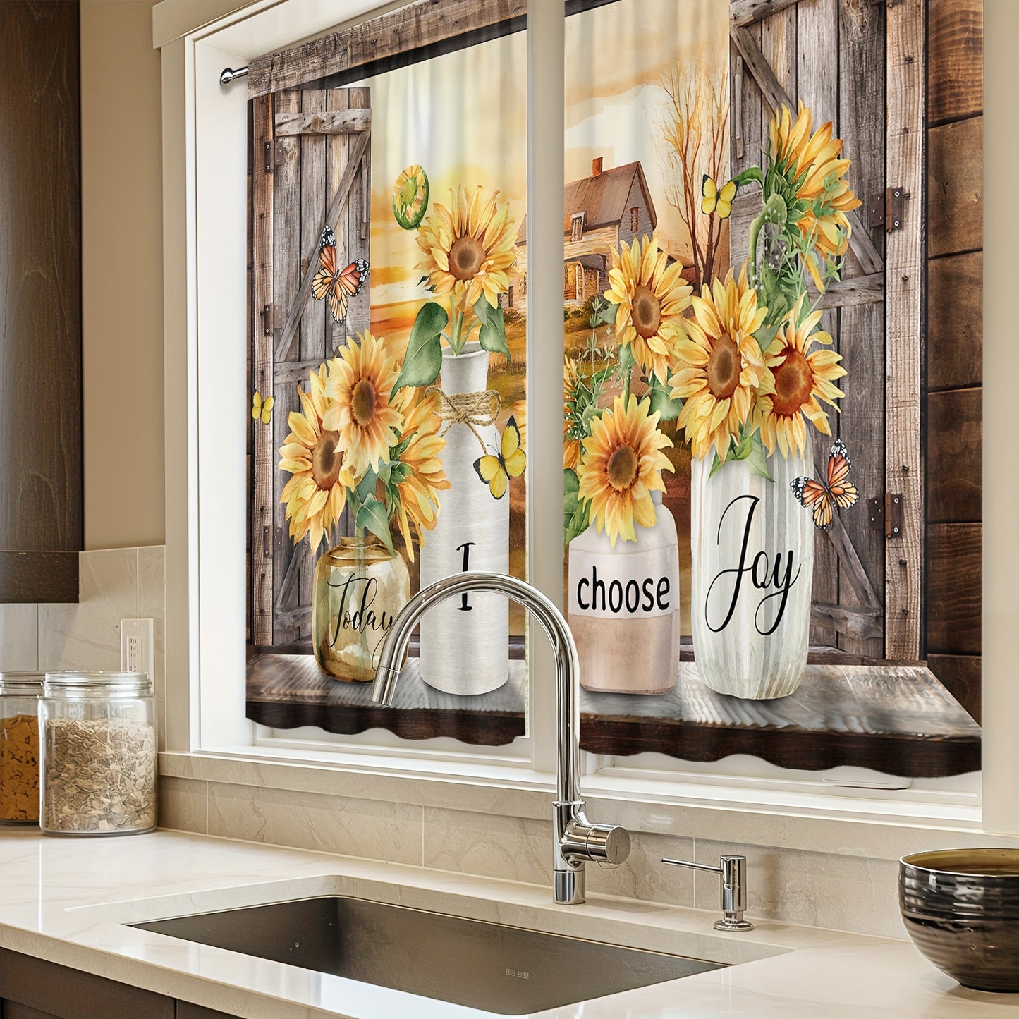 Vintage Farmhouse Curtain 2pcs Polyester Country Sunflower Kitchen Curtain - 27. image 1
