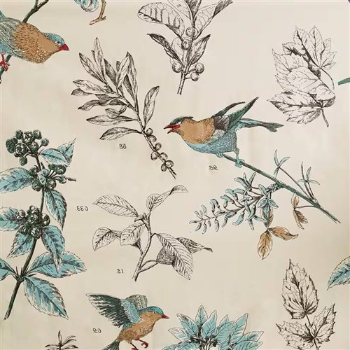 72-inch Beige Khaki Cotton Shower Curtain with Vintage Birds Leaf Floral Print image 3