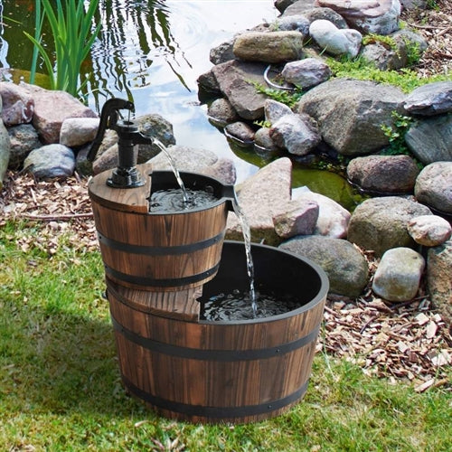 Outdoor 2-Tier Solid Wood Whisky Barrel Waterfall Fountain with Electric Pump image 4