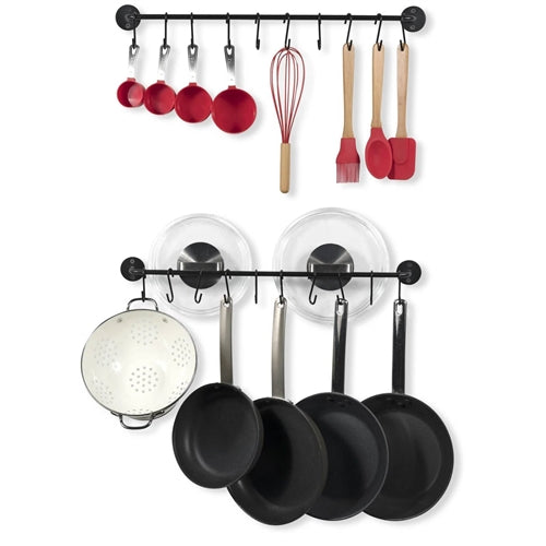 Set of 2 - Black Metal Wall Mounted Pot Rack with 20 Hanging Hooks image 0