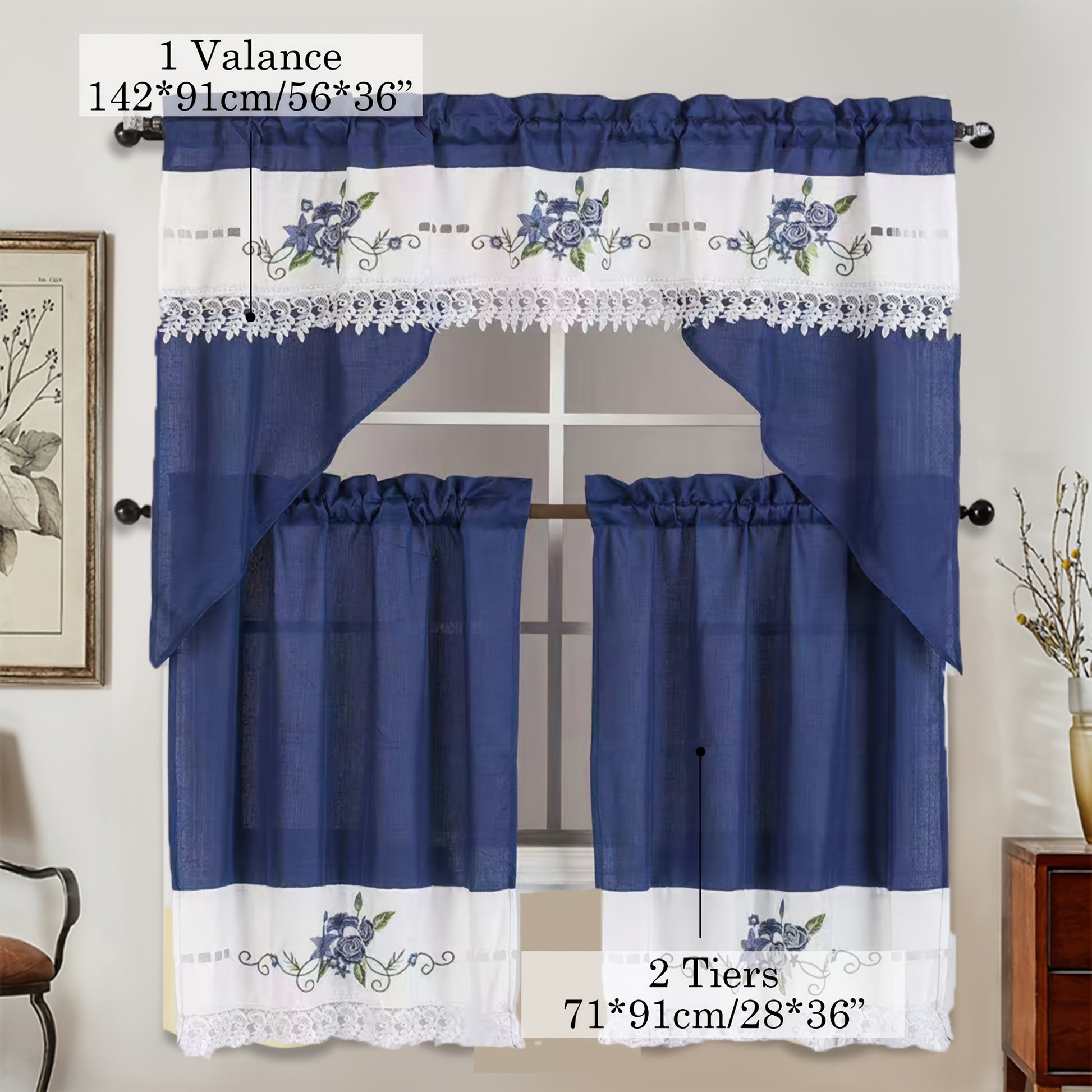 3pcs Bamboo Texture Embroidery Kitchen Curtains Set ROSES Pattern Translucency L image 7