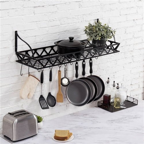 Black Metal Rectangular Wall Mounted Kitchen Pot Rack with 12 Hanging Hooks image 4
