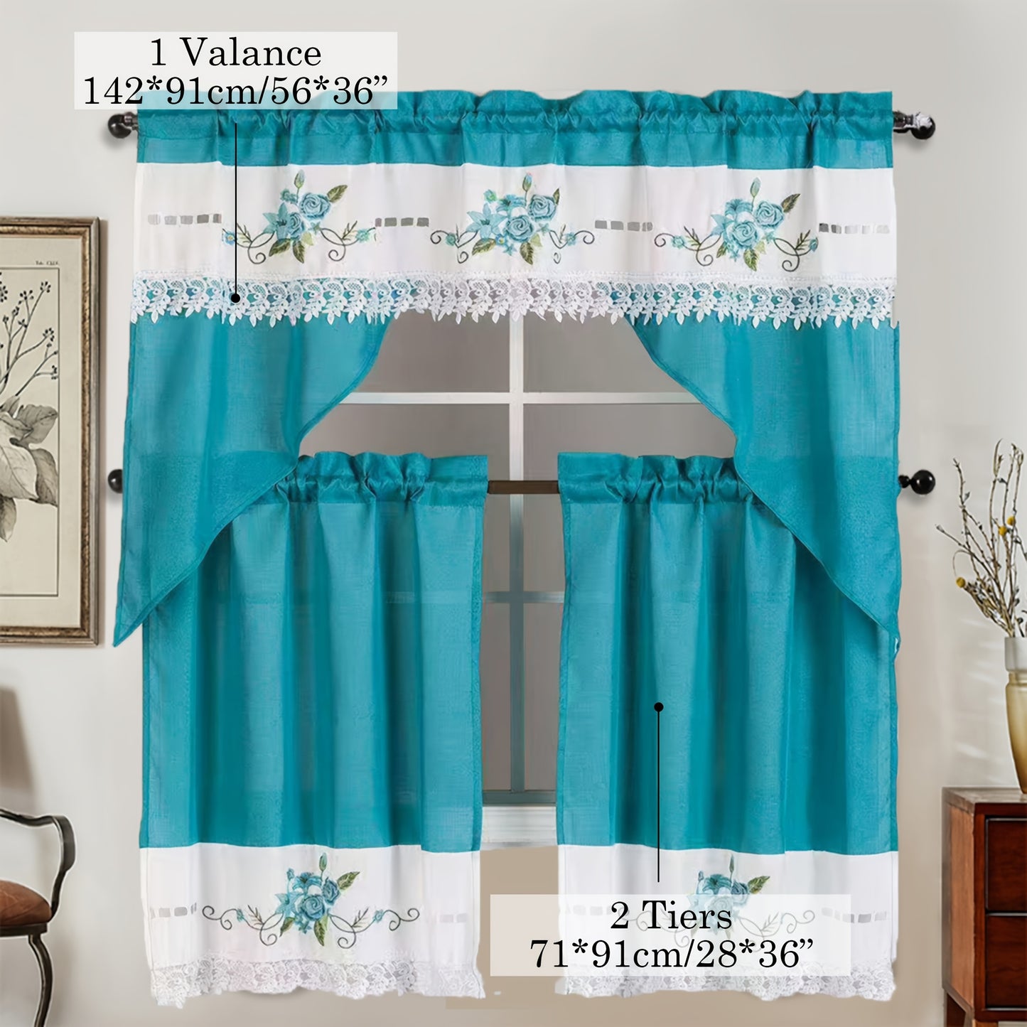 3pcs Bamboo Texture Embroidery Kitchen Curtains Set ROSES Pattern Translucency L image 8