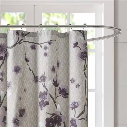 72 x 72 in Cotton Shower Curtain with Purple Grey Beige Floral Blossom Pattern image 1