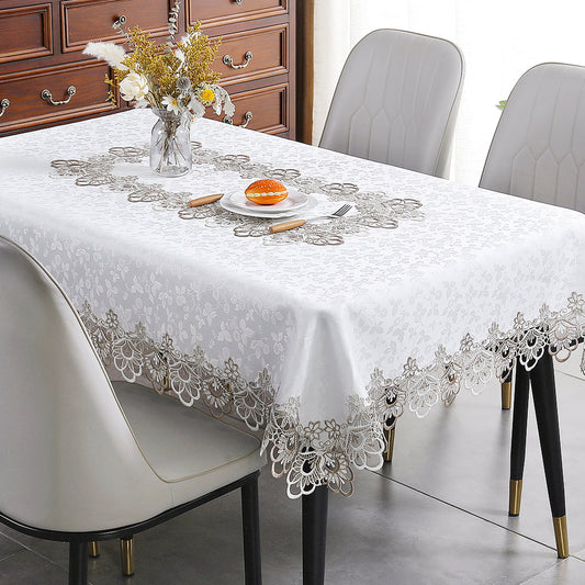 Battilo Lace Embroidery Tablecloth White Floral Rectangle Table Cloth Waterproof image 0