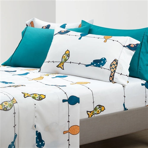 Teal Yellow White Floral Birds on Wire Soft Polyester 6 Piece Sheet Set image 0