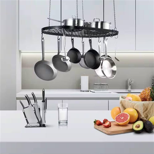 Black Carbon Steel Ceiling Mount Oval Hanging Kitchen Pot Rack with 12 Hooks image 2