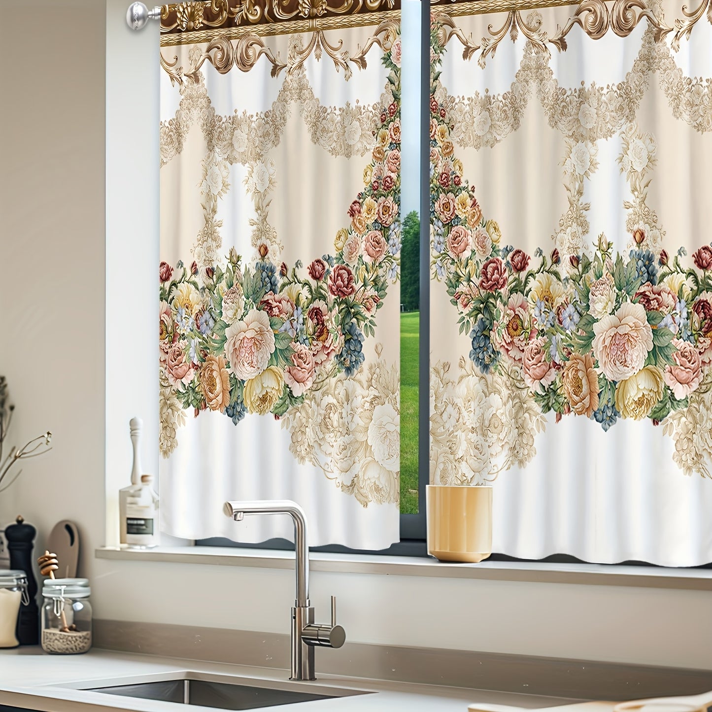 2pcs - Polyester - Vintage Floral Kitchen Curtain Set Bohemian French Wreath Mod image 0