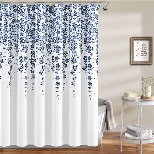 72-inch White Navy and Light Blue Floral Vines and Flowers Shower Curtain image 0