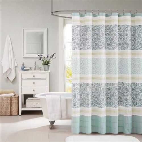 72 x 72-in Cotton Shower Curtain with Teal Blue Grey Cream White Paisley Pattern image 0