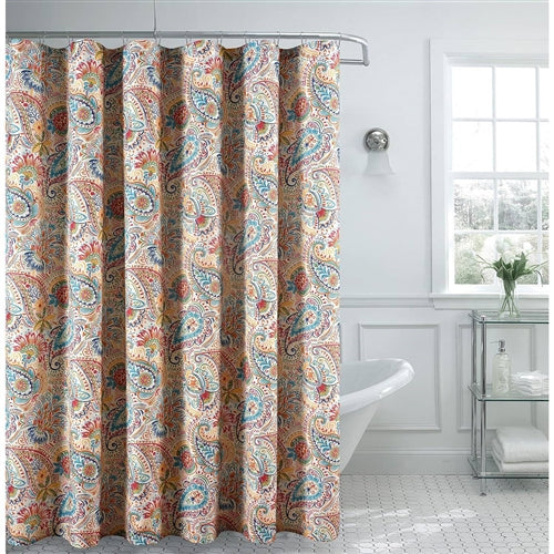 72-in. Paisley Polyester Fabric Shower Curtain in Vibrant Teal Red Yellow White image 0