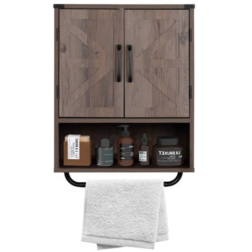Farmhouse Bathroom Wall Cabinet with Towel Bar in 3 Colors Brown Wood Finish image 0