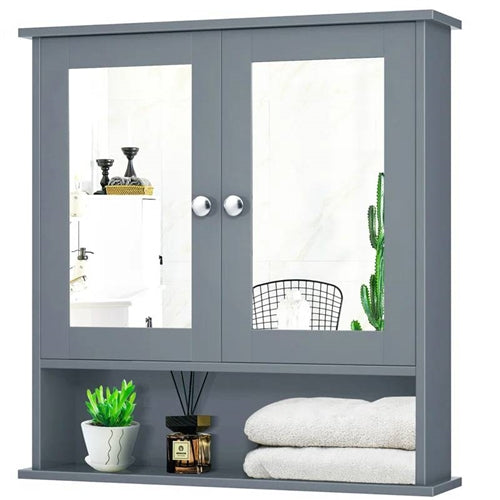 Grey or Brw  Wood Bathroom Wall  Medicine Cabinet with Mirrored Doors and Shelf image 0