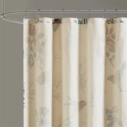 72-inch Beige Khaki Cotton Shower Curtain with Vintage Birds Leaf Floral Print image 2