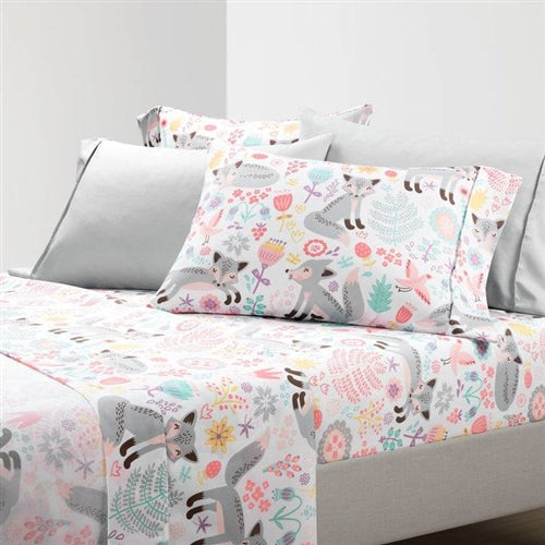 Twin size Pink Grey White Teal Floral Fox Birds Soft Polyester 4 Piece Sheet Set image 0