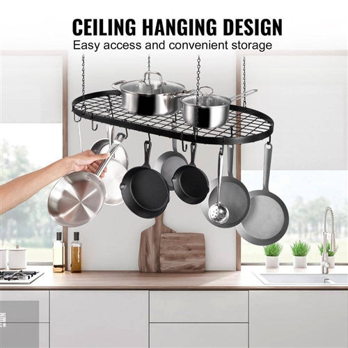 Black Carbon Steel Ceiling Mount Oval Hanging Kitchen Pot Rack with 12 Hooks image 3