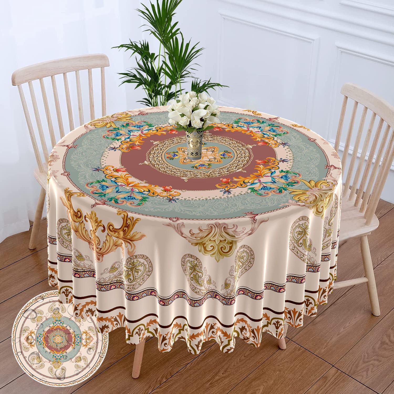 1PC Round Tablecloth with Floral Plant Waterproof Colored Dining Table Cover Mul image 8