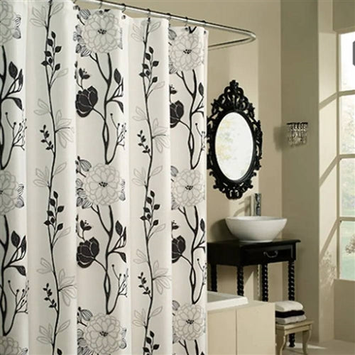 71-inch Boho Black and White Floral Flowers Polyester Fabric Shower Curtain image 0
