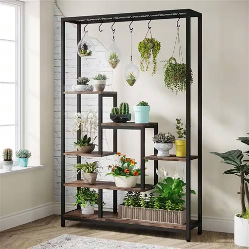Modern Industrial Heavy Duty Metal Wood Plant Stand with 10 Hanging Hooks image 2
