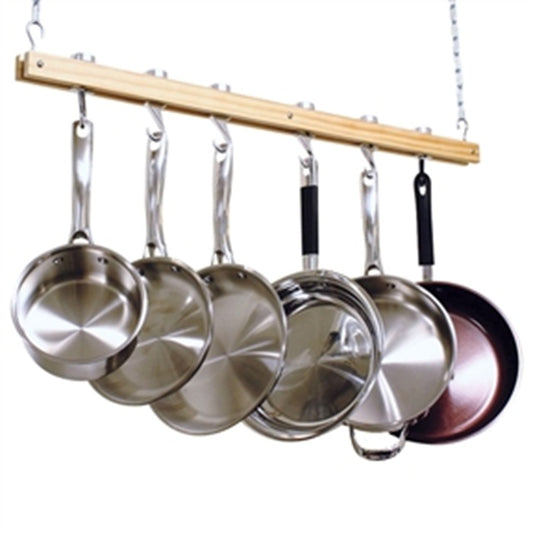 Ceiling Mount Single Bar Wooden Pot Rack with 4 Pan Hooks image 0