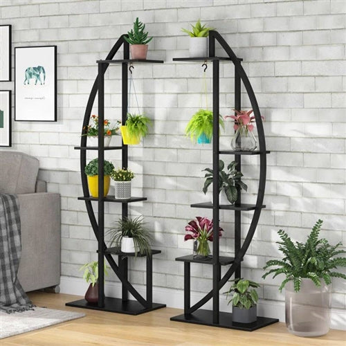 Set of 2 - Symmetrical Modern Black Metal Wood 10-Shelf Plant Stand image 0