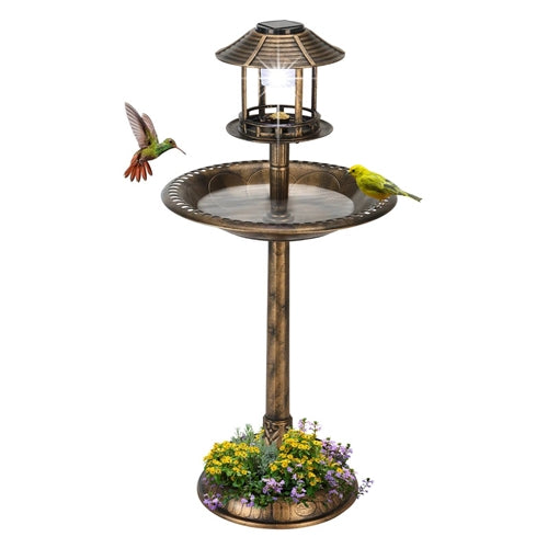 Outdoor Garden Birdbath in Bronze Finish with Solar Light image 0
