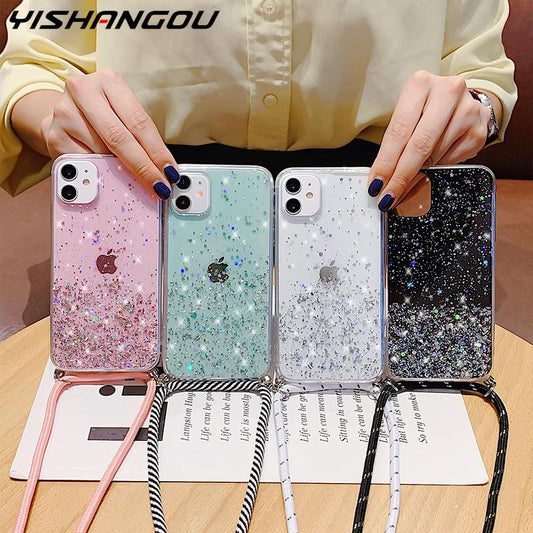 With Neck Strap Rope Cord Clear Glitter Case for iphone 11 12 13 14 15 pro max s image 0