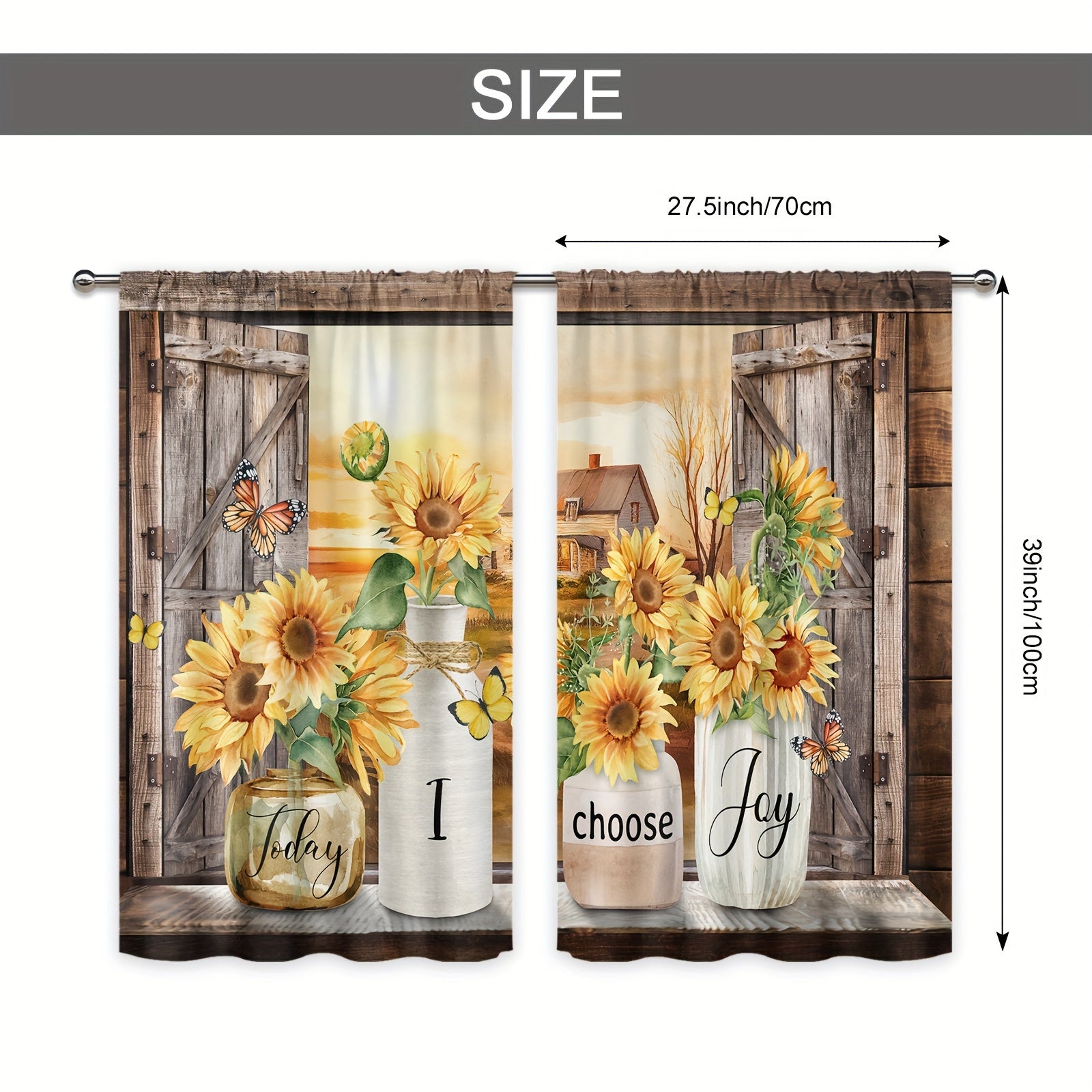 Vintage Farmhouse Curtain 2pcs Polyester Country Sunflower Kitchen Curtain - 27. image 2