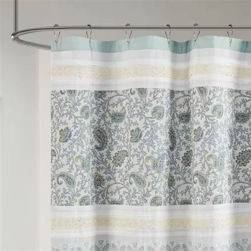72 x 72-in Cotton Shower Curtain with Teal Blue Grey Cream White Paisley Pattern image 2
