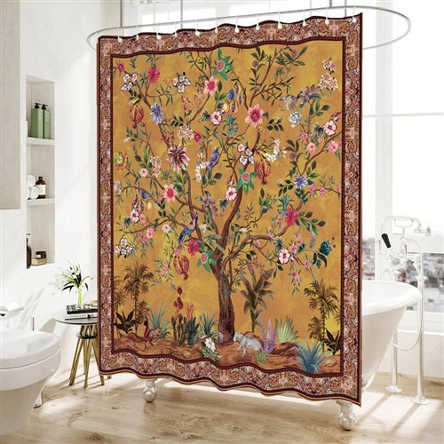 72-inch Brown Red Orange Green Floral Tree Birds Plants Flowers Shower Curtain image 0