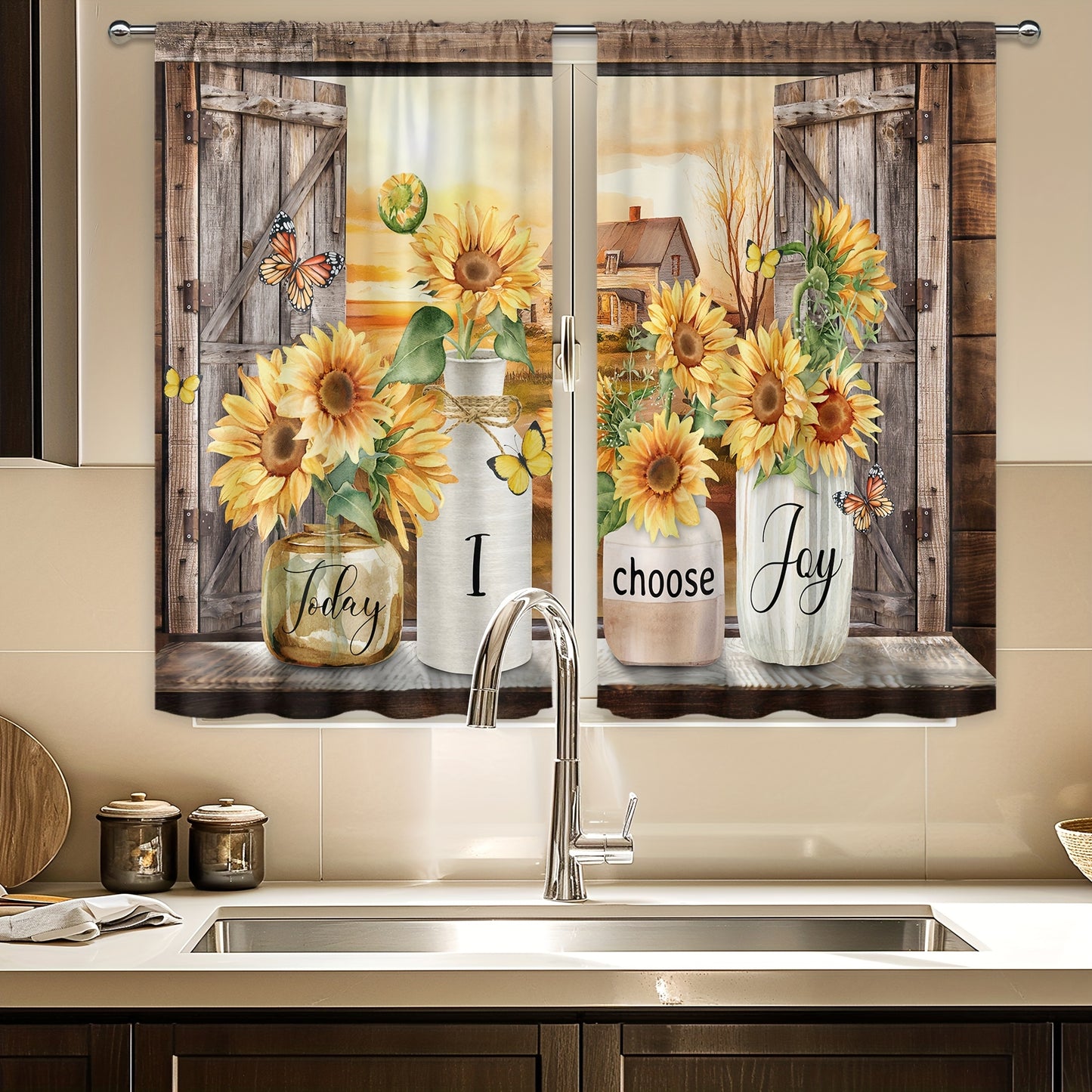 Vintage Farmhouse Curtain 2pcs Polyester Country Sunflower Kitchen Curtain - 27. image 5
