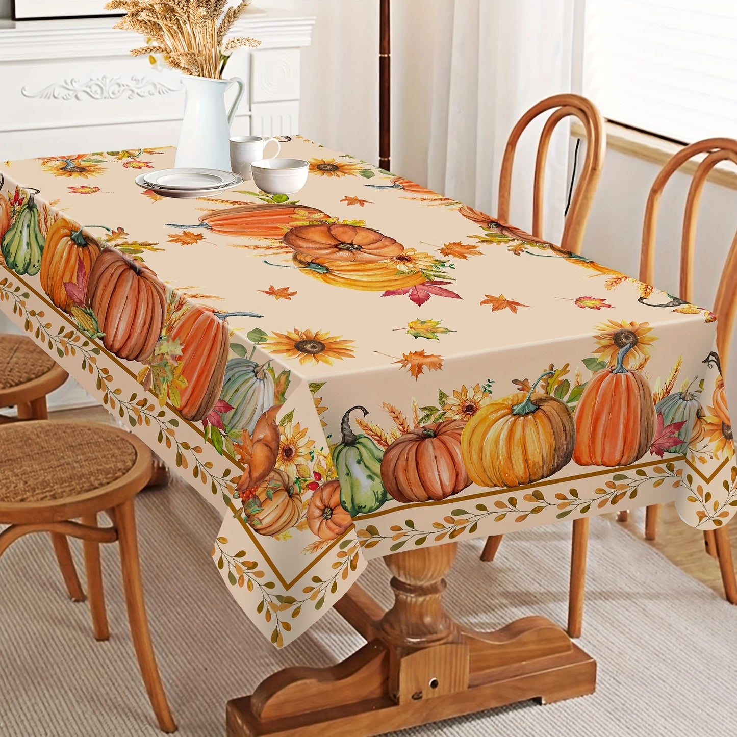 Thanksgiving Polyester Tablecloth with Pumpkin Design  Rectangular Cover for Home, Dining, and Fall Parties.
