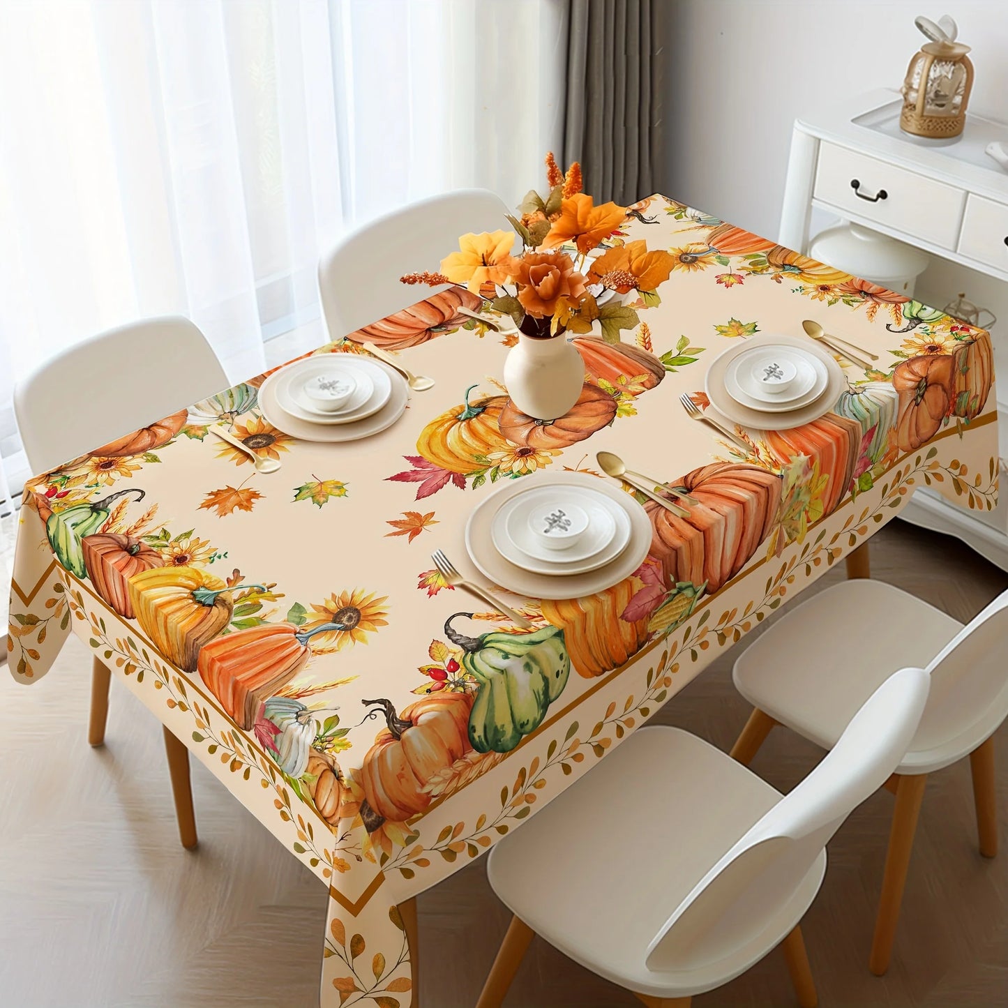 Thanksgiving Polyester Tablecloth with Pumpkin Design  Rectangular Cover for Home, Dining, and Fall Parties.