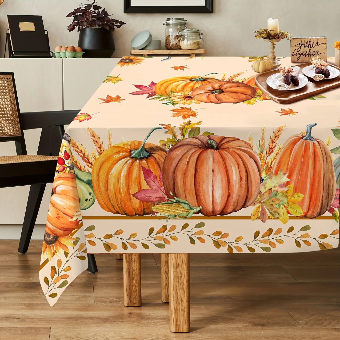 Thanksgiving Polyester Tablecloth with Pumpkin Design  Rectangular Cover for Home, Dining, and Fall Parties.