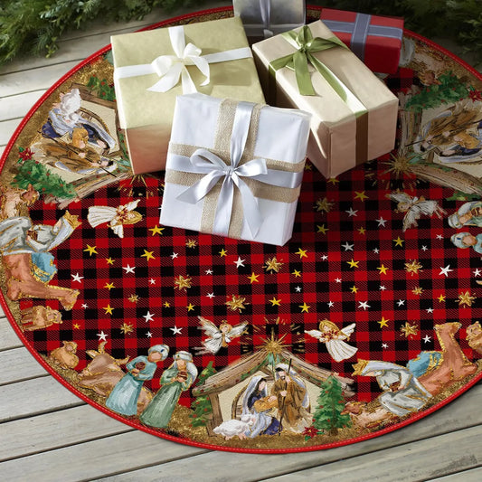 VIKAMA Christmas Tree Skirt Red and Black Tartan Nativity Scene Design Winter Festive Party Home Gathering Decoration