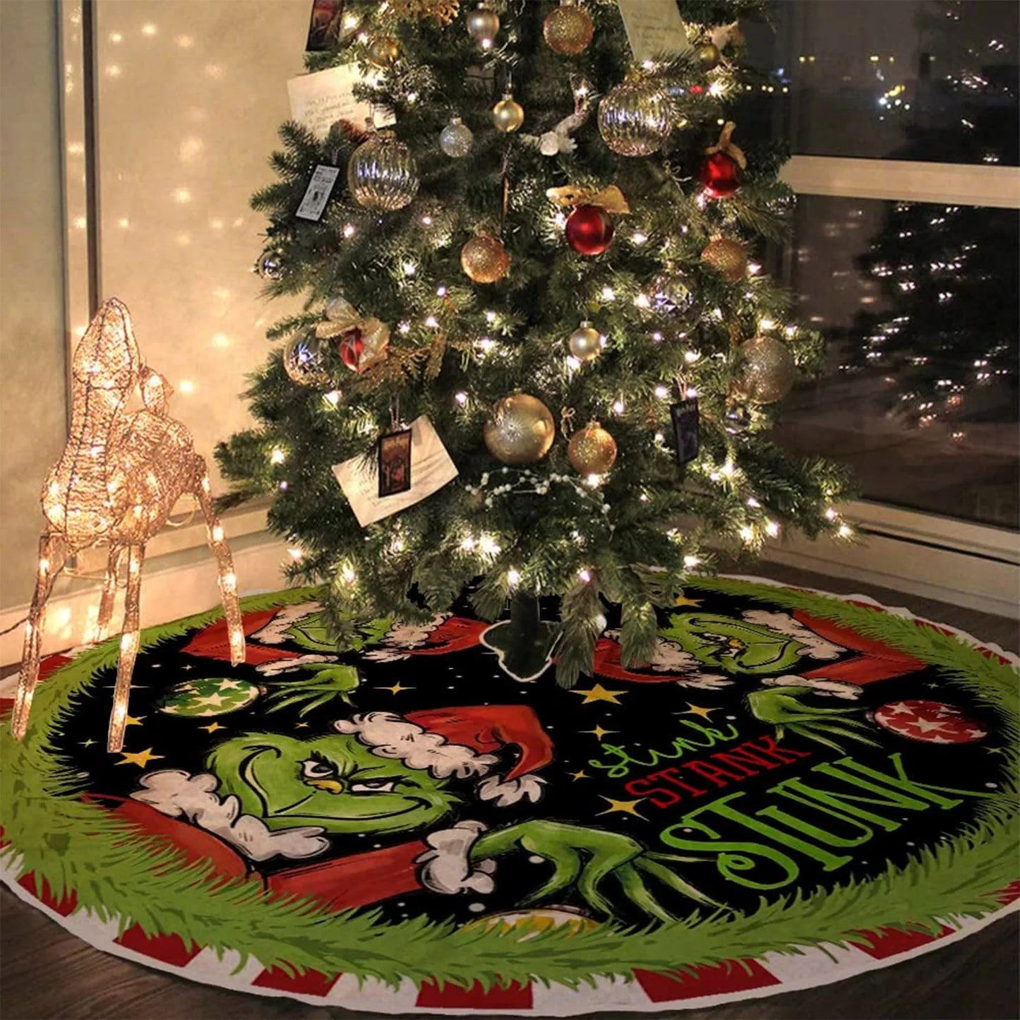 Christmas Tree Skirt Red & Green Merry Christmas Tree Skirt Collar Soft Xmas Holiday Decoration 2024 Gift Party Favors