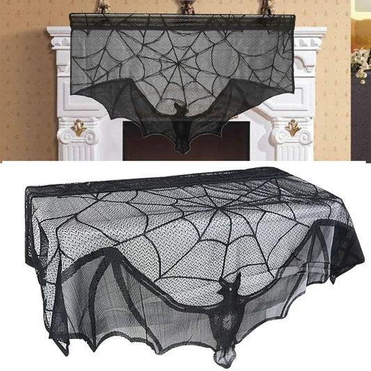 Halloween Decoration Bats Tablecloth Black Lace Spider Web Curtains for Lampshade Fireplace Halloween Party Decor Horror Props