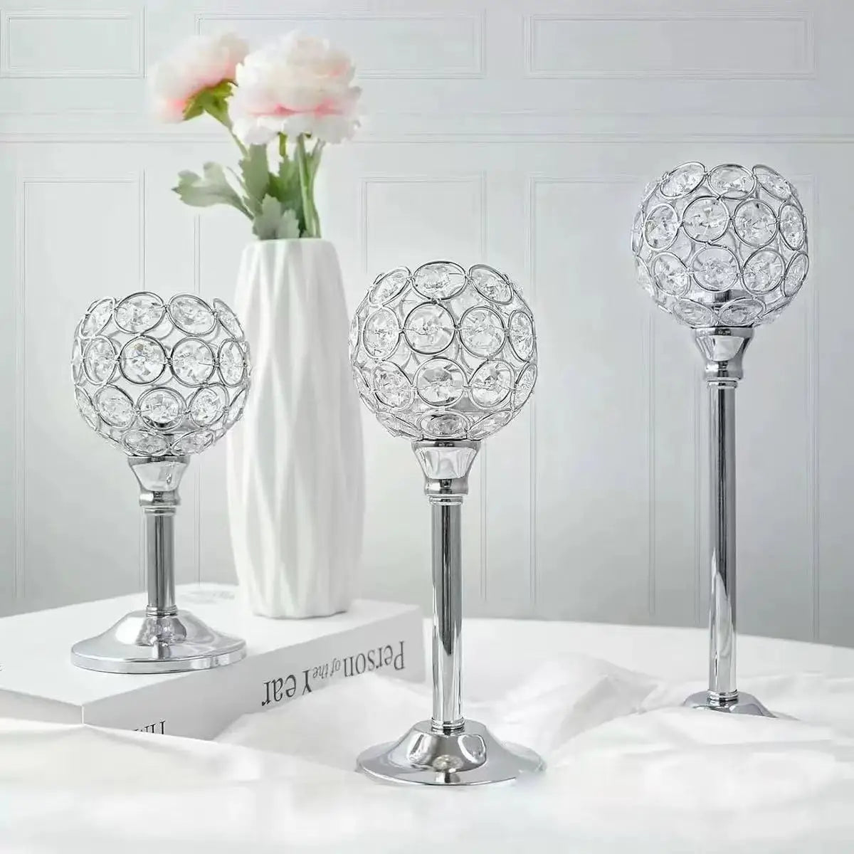 Golden Crystal Candlestick 3-Piece Set - Living Room Decor, Wedding Christmas Party & Romantic Dinner Ornament